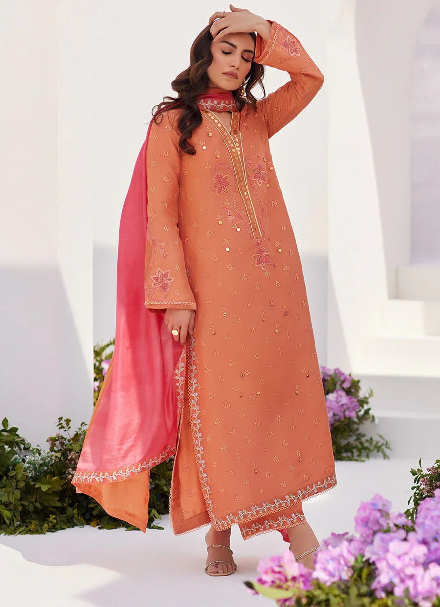 Farah Talib Aziz | Zaza Luxe Pret 24 | ELYNA CORAL EMBROIDERED RAW SILK SHIRT AND DUPATTA - Aqsa Fabrics