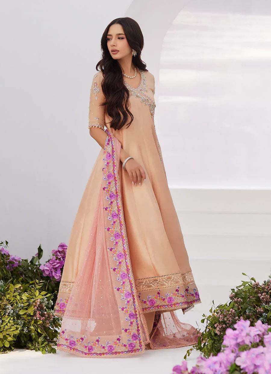 Farah Talib Aziz | Zaza Luxe Pret 24 | LISETTE FAWN EMBELLISHED RAW SILK ANGARKHA AND DUPATTA - Aqsa Fabrics