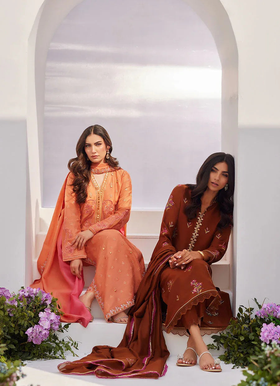 Farah Talib Aziz | Zaza Luxe Pret 24 | ELYNA CORAL EMBROIDERED RAW SILK SHIRT AND DUPATTA - Aqsa Fabrics
