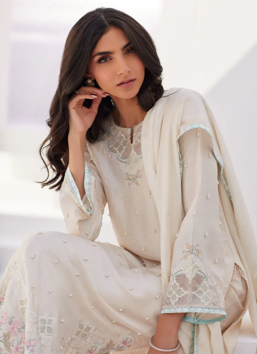 Farah Talib Aziz | Zaza Luxe Pret 24 | LYA IVORY EMBELLISHED RAW SILK SHIRT AND DUPATTA - Aqsa Fabrics