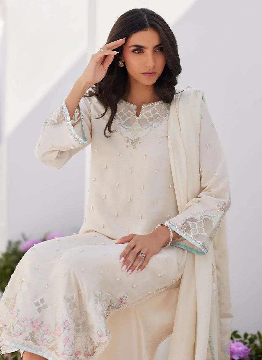 Farah Talib Aziz | Zaza Luxe Pret 24 | LYA IVORY EMBELLISHED RAW SILK SHIRT AND DUPATTA - Aqsa Fabrics