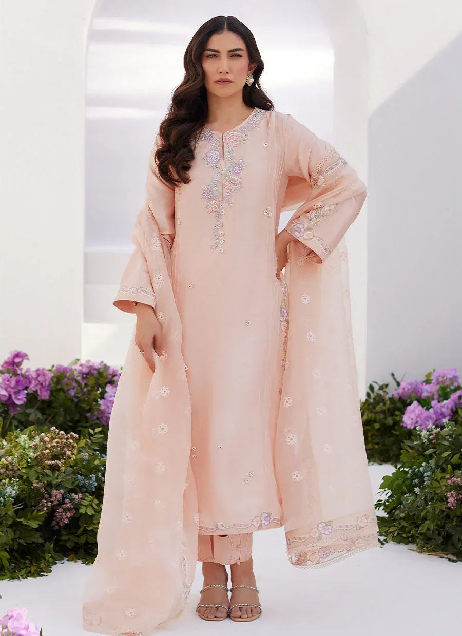 Farah Talib Aziz | Zaza Luxe Pret 24 | ELEA PEACH EMBROIDERED RAW SILK SHIRT AND DUPATTA - Aqsa Fabrics