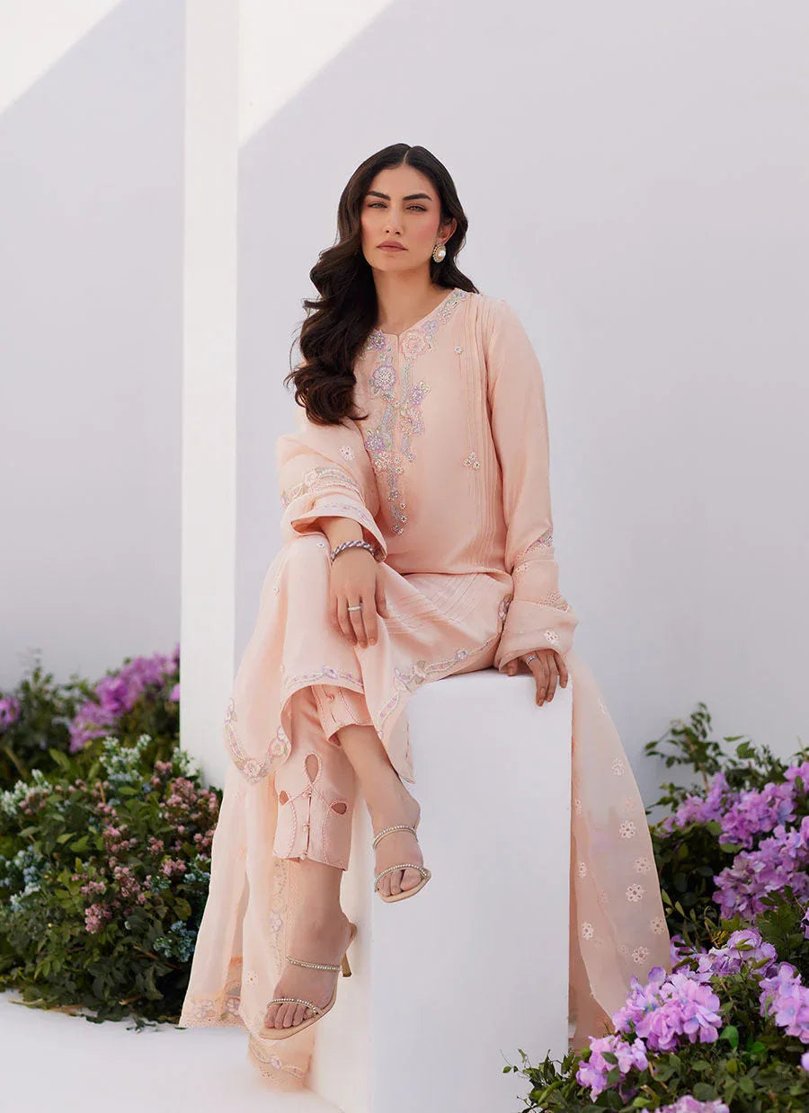 Farah Talib Aziz | Zaza Luxe Pret 24 | ELEA PEACH EMBROIDERED RAW SILK SHIRT AND DUPATTA - Aqsa Fabrics