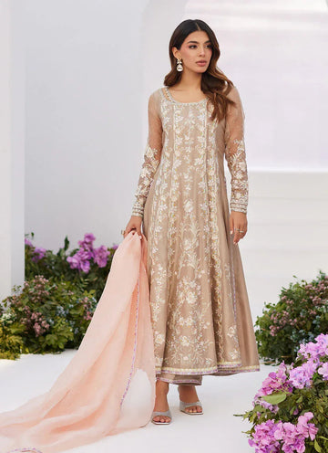 Farah Talib Aziz | Zaza Luxe Pret 24 | CHARLENE SAND EMBROIDERED KALIDAAR WITH DUPATTA - Aqsa Fabrics