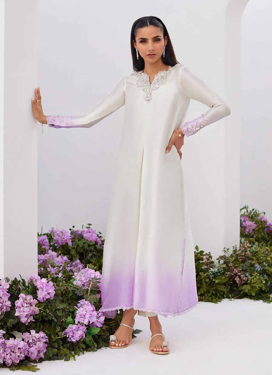 Farah Talib Aziz | Zaza Luxe Pret 24 | LIQUE SILVER OMBRE EMBELLISHED KAFTAAN CUT SHIRT - Aqsa Fabrics
