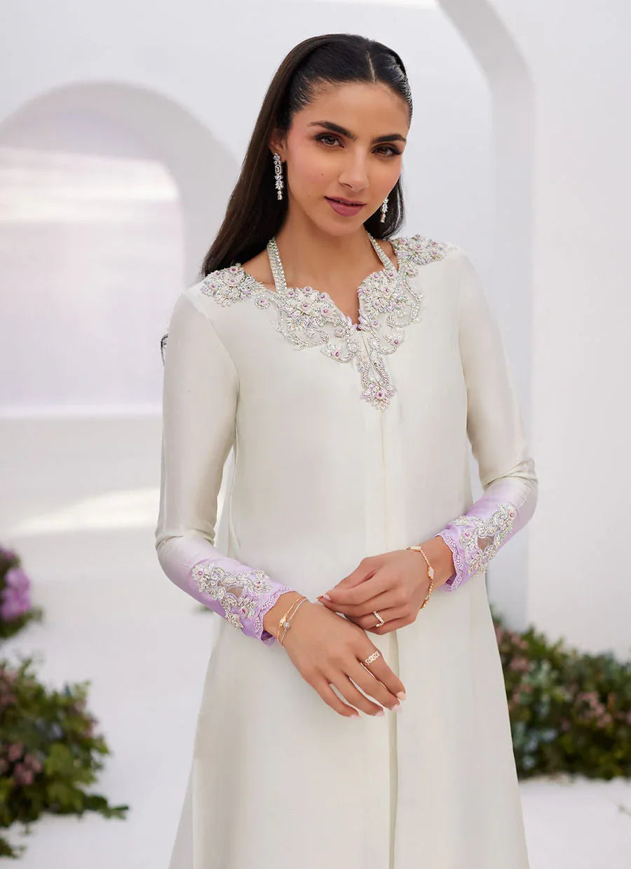 Farah Talib Aziz | Zaza Luxe Pret 24 | LIQUE SILVER OMBRE EMBELLISHED KAFTAAN CUT SHIRT - Aqsa Fabrics