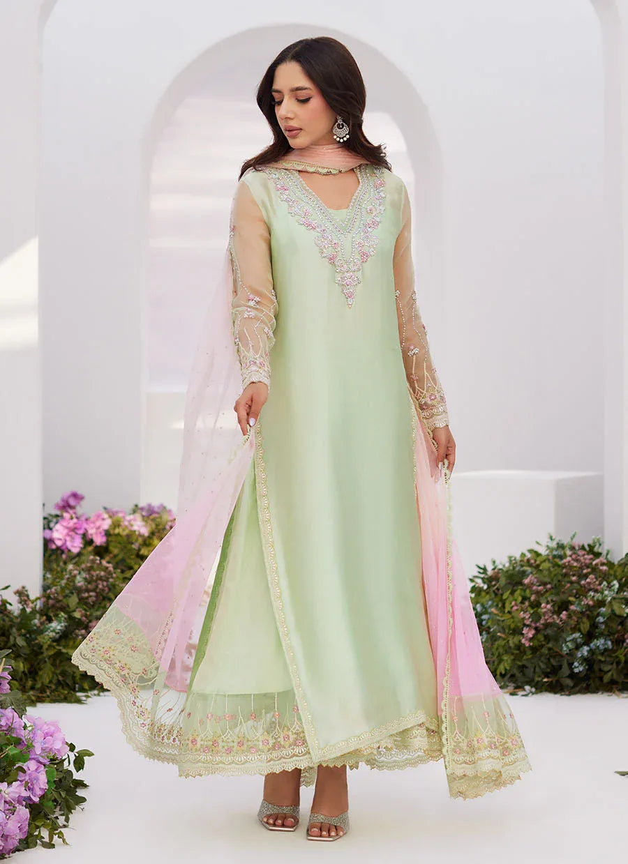 Farah Talib Aziz | Zaza Luxe Pret 24 | COLLETTE MINT OMBRE EMBELLISHED COLUMN SHIRT WITH KALIDAAR WITH EMBROIDERED SLIP - Aqsa Fabrics