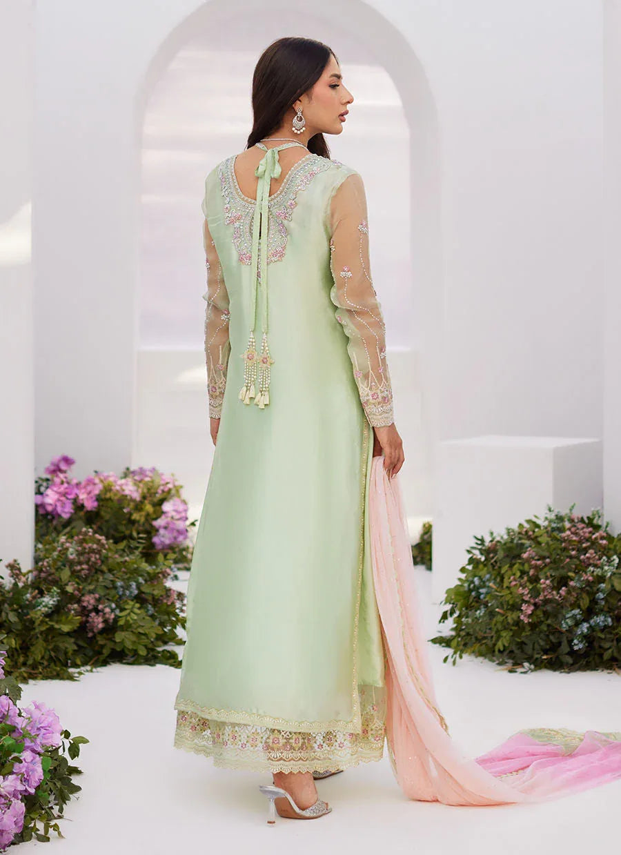 Farah Talib Aziz | Zaza Luxe Pret 24 | COLLETTE MINT OMBRE EMBELLISHED COLUMN SHIRT WITH KALIDAAR WITH EMBROIDERED SLIP - Aqsa Fabrics