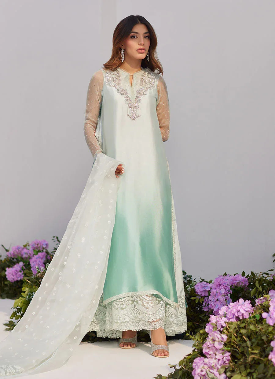Farah Talib Aziz | Zaza Luxe Pret 24 | SOLENE AQUA OMBRE EMBELLISHED COLUMN SHIRT WITH EMBROIDERED KALIDAAR SLIP - Aqsa Fabrics