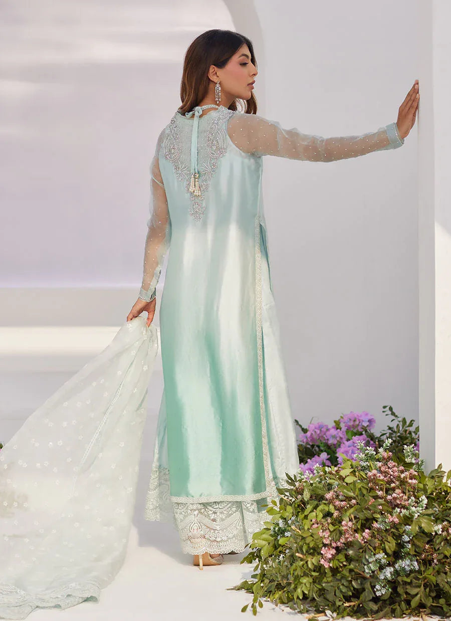 Farah Talib Aziz | Zaza Luxe Pret 24 | SOLENE AQUA OMBRE EMBELLISHED COLUMN SHIRT WITH EMBROIDERED KALIDAAR SLIP - Aqsa Fabrics