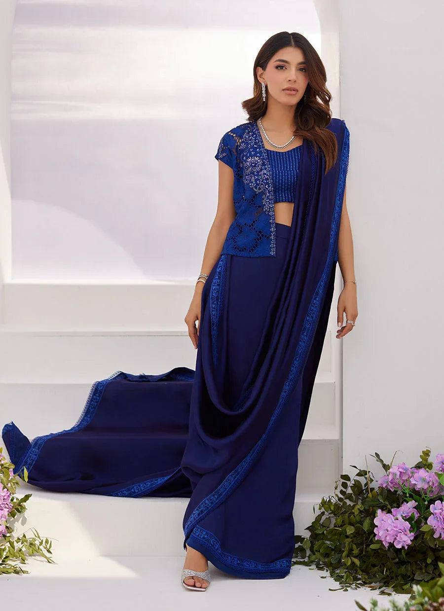 Farah Talib Aziz | Zaza Luxe Pret 24 | OCEAN NAVY DRAPED SAREE WITH CUTWORK EMBELLISHED CAPE - Aqsa Fabrics