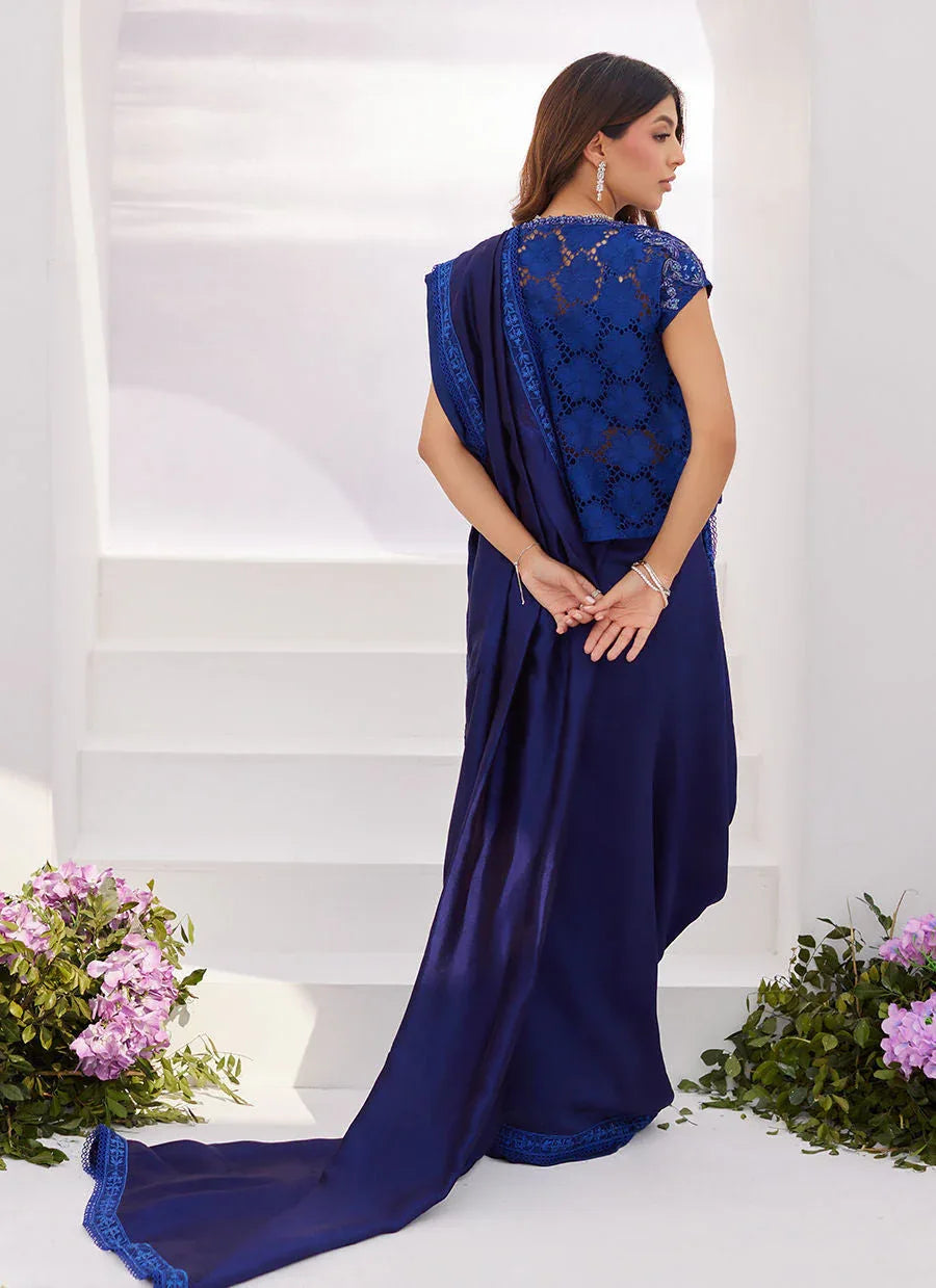 Farah Talib Aziz | Zaza Luxe Pret 24 | OCEAN NAVY DRAPED SAREE WITH CUTWORK EMBELLISHED CAPE - Aqsa Fabrics