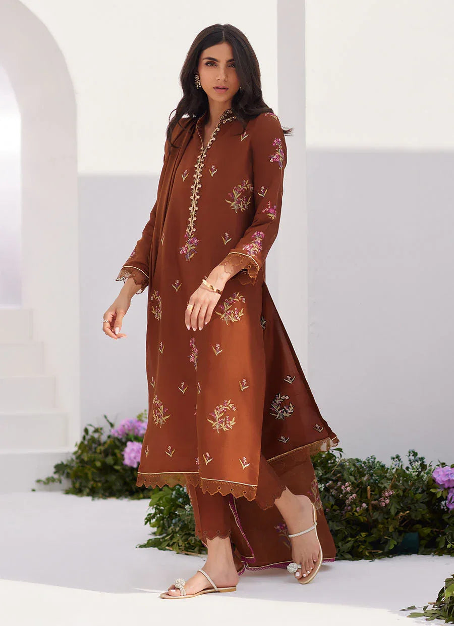 Farah Talib Aziz | Zaza Luxe Pret 24 | NOEMIE CHOCOLATE EMBROIDERED RAW SILK SHIRT AND DUPATTA - Aqsa Fabrics
