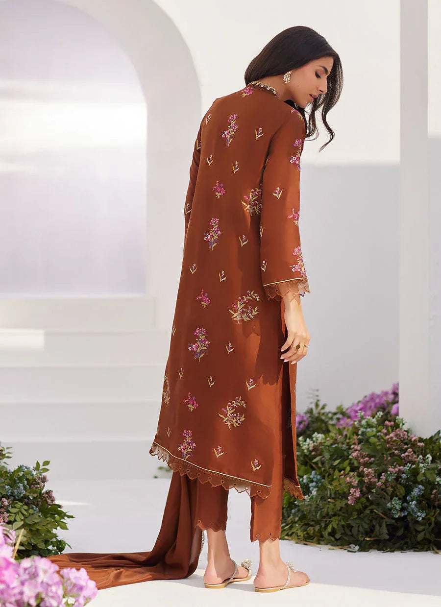 Farah Talib Aziz | Zaza Luxe Pret 24 | NOEMIE CHOCOLATE EMBROIDERED RAW SILK SHIRT AND DUPATTA - Aqsa Fabrics
