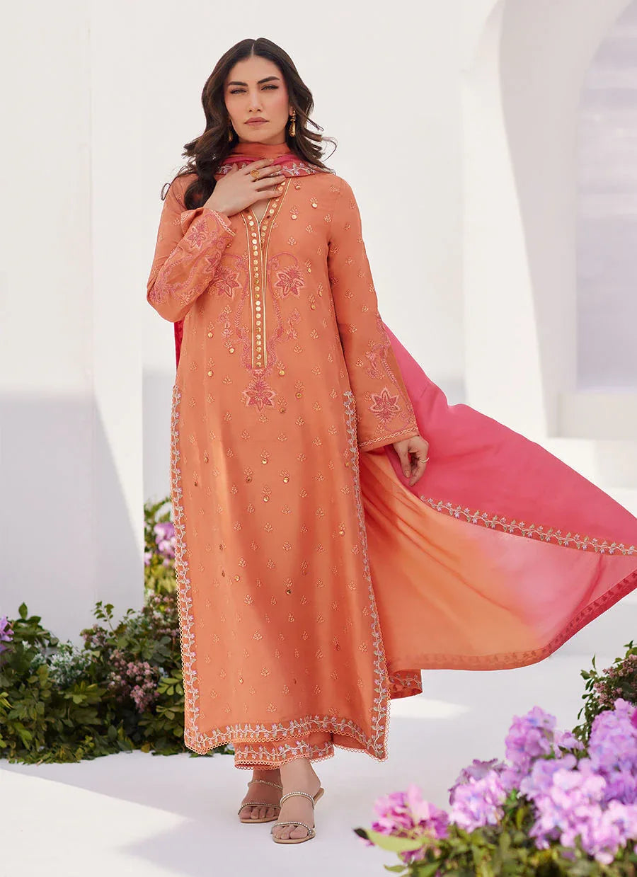Farah Talib Aziz | Zaza Luxe Pret 24 | ELYNA CORAL EMBROIDERED RAW SILK SHIRT AND DUPATTA - Aqsa Fabrics
