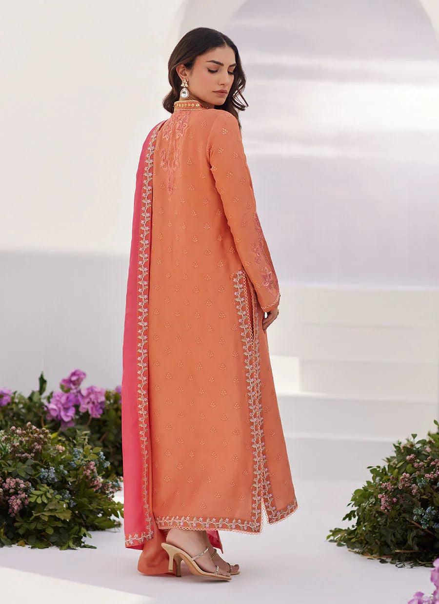 Farah Talib Aziz | Zaza Luxe Pret 24 | ELYNA CORAL EMBROIDERED RAW SILK SHIRT AND DUPATTA - Aqsa Fabrics