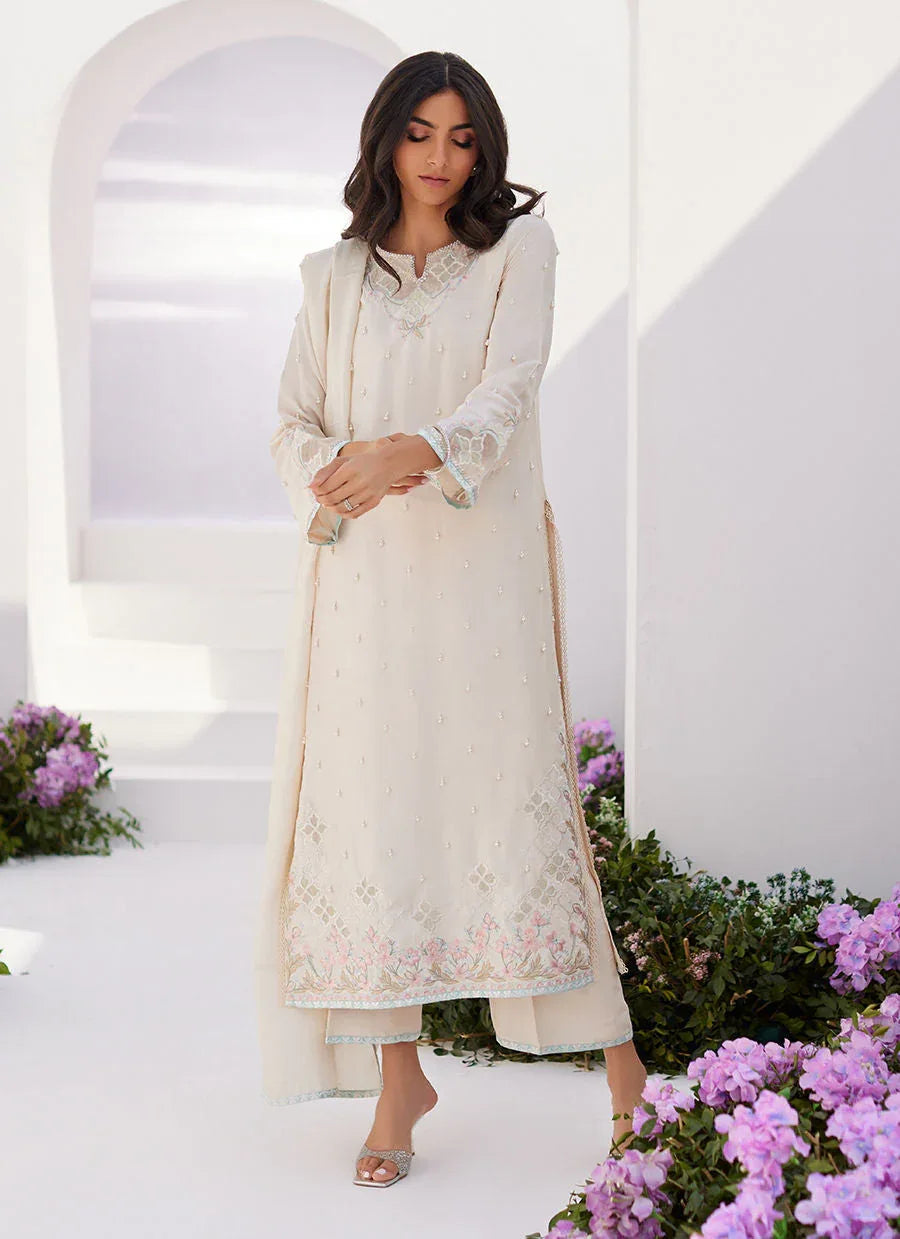 Farah Talib Aziz | Zaza Luxe Pret 24 | LYA IVORY EMBELLISHED RAW SILK SHIRT AND DUPATTA - Aqsa Fabrics