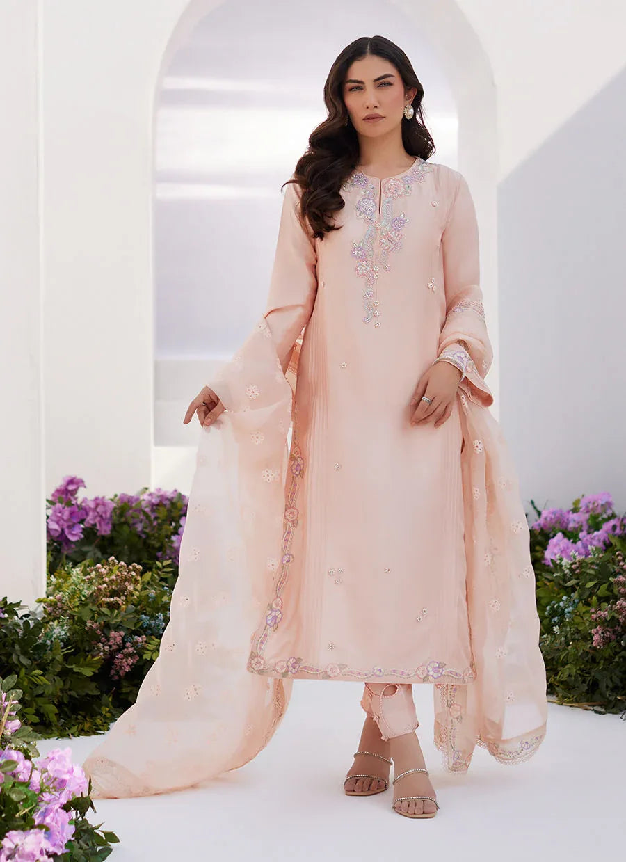 Farah Talib Aziz | Zaza Luxe Pret 24 | ELEA PEACH EMBROIDERED RAW SILK SHIRT AND DUPATTA - Aqsa Fabrics
