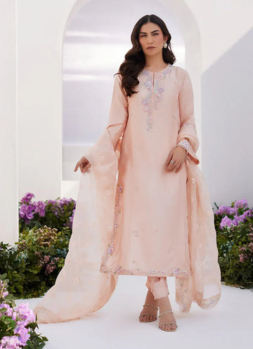 Farah Talib Aziz | Zaza Luxe Pret 24 | ELEA PEACH EMBROIDERED RAW SILK SHIRT AND DUPATTA - Aqsa Fabrics