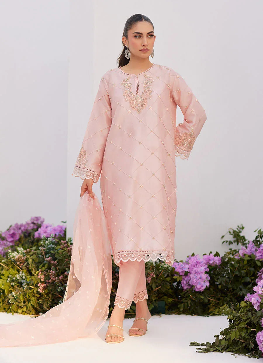 Farah Talib Aziz | Zaza Luxe Pret 24 | BEBE BLUSH PINK EMBELLISHED RAW SILK KURTA SHIRT AND DUPATTA - Aqsa Fabrics