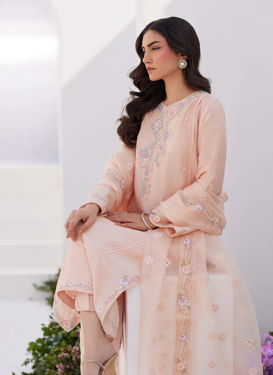 Farah Talib Aziz | Zaza Luxe Pret 24 | ELEA PEACH EMBROIDERED RAW SILK SHIRT AND DUPATTA - Aqsa Fabrics