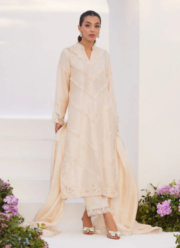 Farah Talib Aziz | Zaza Luxe Pret 24 | TISELE IVORY PLEATED RAW SILK SHIRT AND DUPATTA - Aqsa Fabrics
