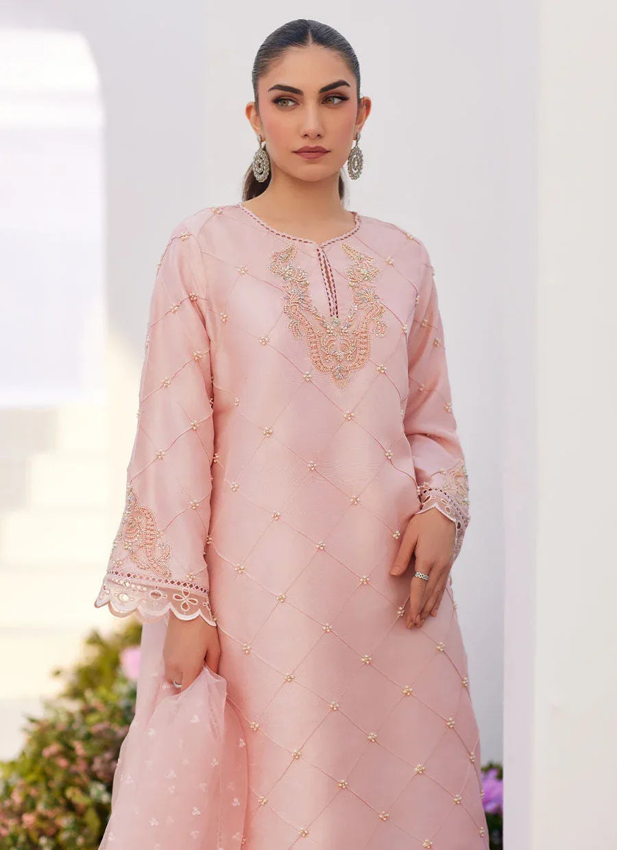 Farah Talib Aziz | Zaza Luxe Pret 24 | BEBE BLUSH PINK EMBELLISHED RAW SILK KURTA SHIRT AND DUPATTA - Aqsa Fabrics