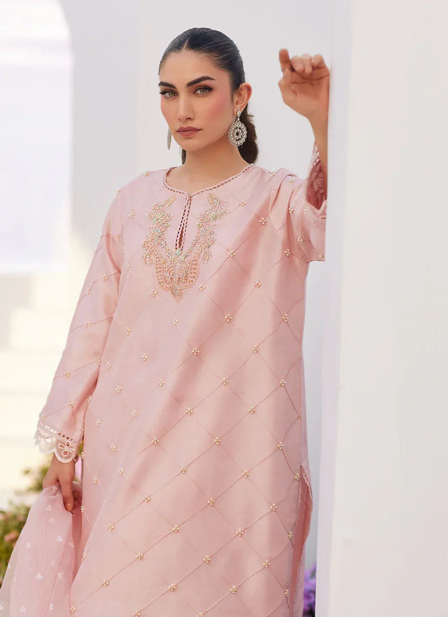Farah Talib Aziz | Zaza Luxe Pret 24 | BEBE BLUSH PINK EMBELLISHED RAW SILK KURTA SHIRT AND DUPATTA - Aqsa Fabrics