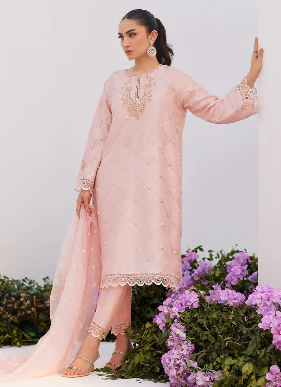 Farah Talib Aziz | Zaza Luxe Pret 24 | BEBE BLUSH PINK EMBELLISHED RAW SILK KURTA SHIRT AND DUPATTA - Aqsa Fabrics