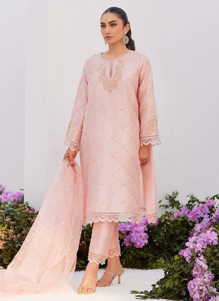 Farah Talib Aziz | Zaza Luxe Pret 24 | BEBE BLUSH PINK EMBELLISHED RAW SILK KURTA SHIRT AND DUPATTA - Aqsa Fabrics