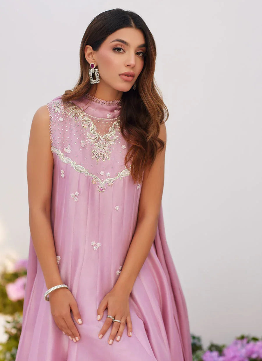 Farah Talib Aziz | Zaza Luxe Pret 24 | CECE MAUVE EMBELLISHED RAW SILK KALIDAR WITH CHARMUESE DUPATTA - Aqsa Fabrics