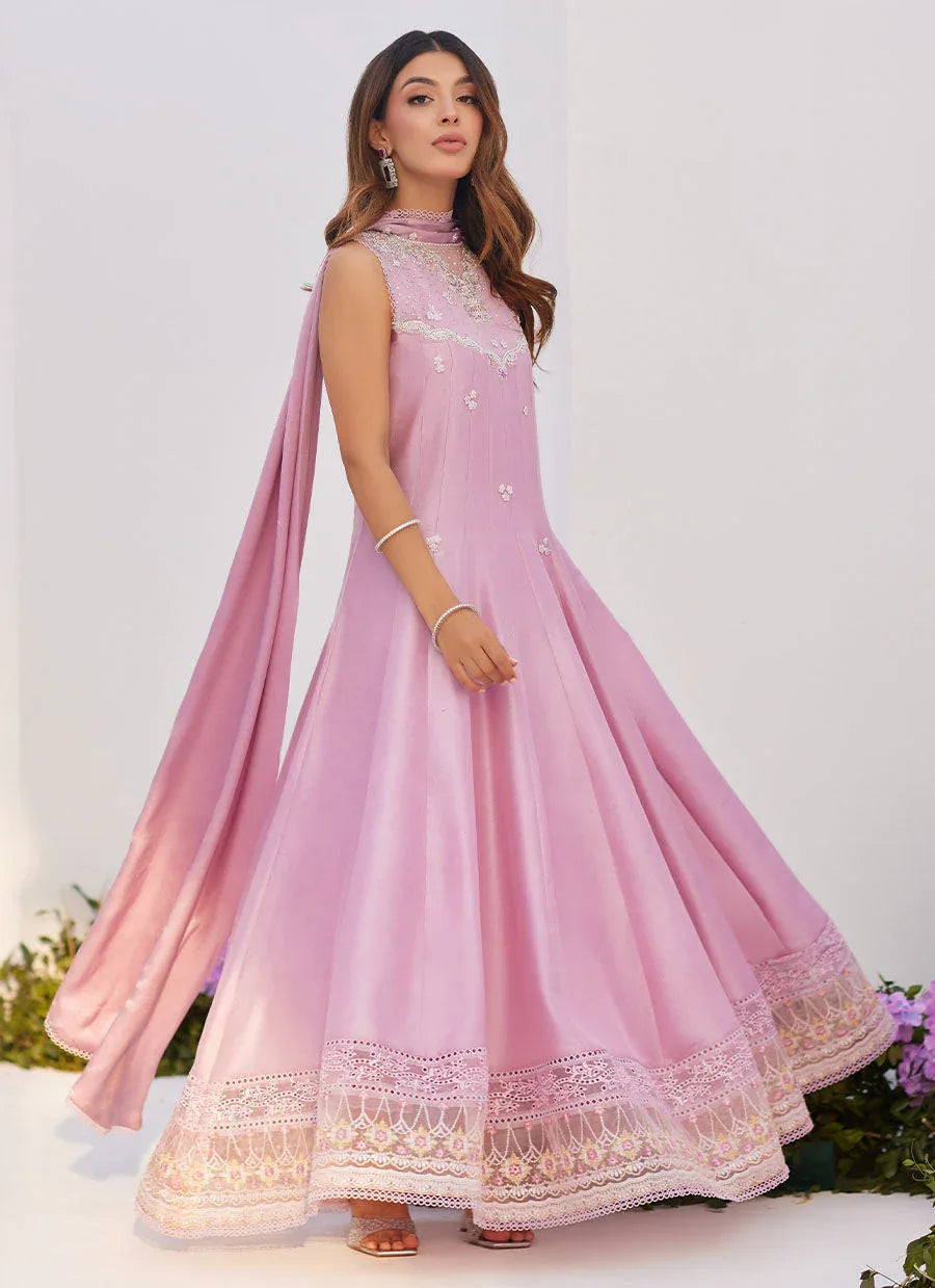 Farah Talib Aziz | Zaza Luxe Pret 24 | CECE MAUVE EMBELLISHED RAW SILK KALIDAR WITH CHARMUESE DUPATTA - Aqsa Fabrics