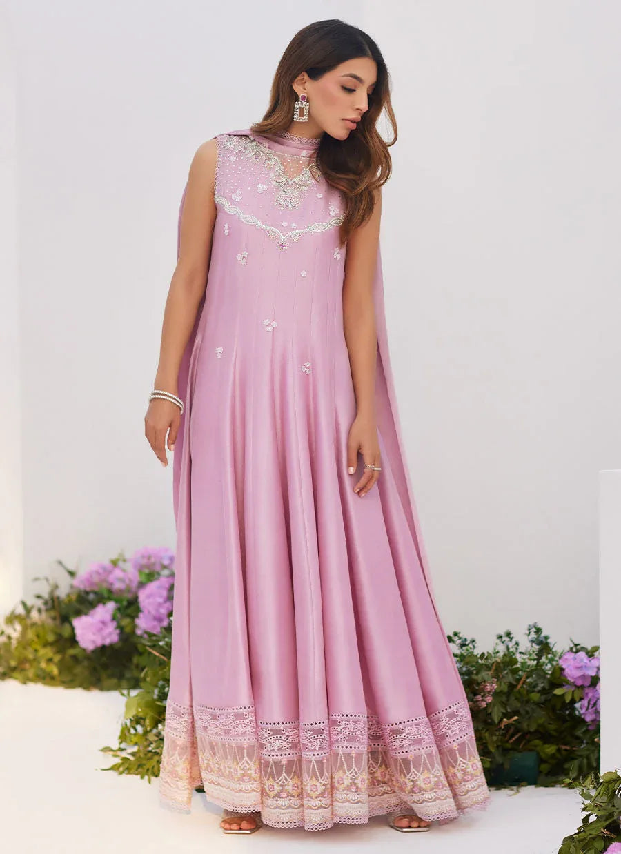 Farah Talib Aziz | Zaza Luxe Pret 24 | CECE MAUVE EMBELLISHED RAW SILK KALIDAR WITH CHARMUESE DUPATTA - Aqsa Fabrics