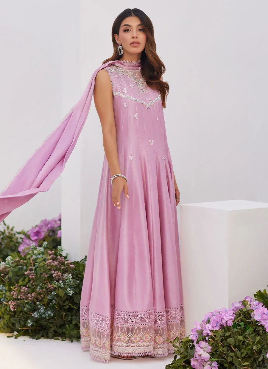 Farah Talib Aziz | Zaza Luxe Pret 24 | CECE MAUVE EMBELLISHED RAW SILK KALIDAR WITH CHARMUESE DUPATTA - Aqsa Fabrics