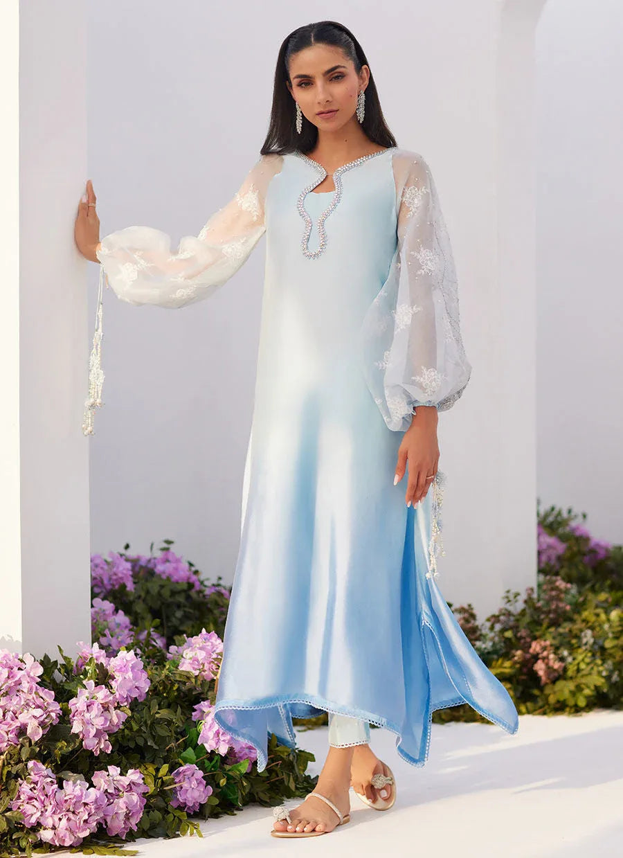 Farah Talib Aziz | Zaza Luxe Pret 24 | BOW OMBRE BLUE EMBELLISHED KAFTAN CUT SHIRT - Aqsa Fabrics