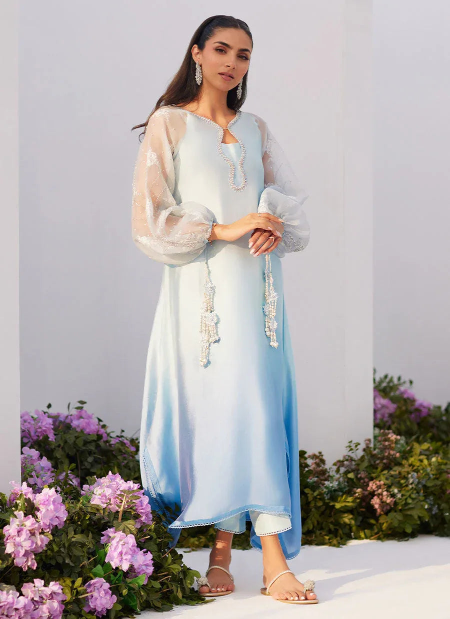 Farah Talib Aziz | Zaza Luxe Pret 24 | BOW OMBRE BLUE EMBELLISHED KAFTAN CUT SHIRT - Aqsa Fabrics