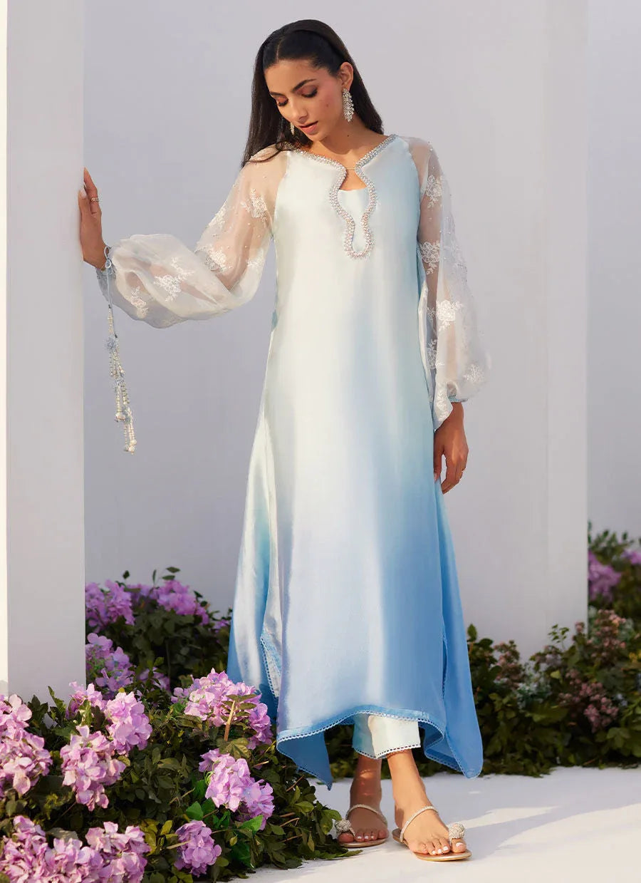 Farah Talib Aziz | Zaza Luxe Pret 24 | BOW OMBRE BLUE EMBELLISHED KAFTAN CUT SHIRT - Aqsa Fabrics