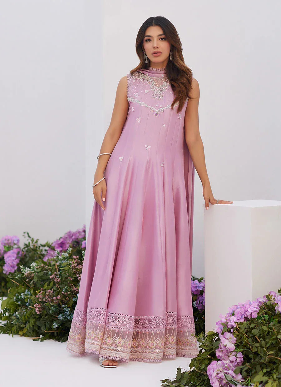 Farah Talib Aziz | Zaza Luxe Pret 24 | CECE MAUVE EMBELLISHED RAW SILK KALIDAR WITH CHARMUESE DUPATTA - Aqsa Fabrics