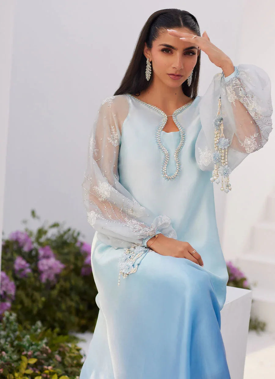 Farah Talib Aziz | Zaza Luxe Pret 24 | BOW OMBRE BLUE EMBELLISHED KAFTAN CUT SHIRT - Aqsa Fabrics
