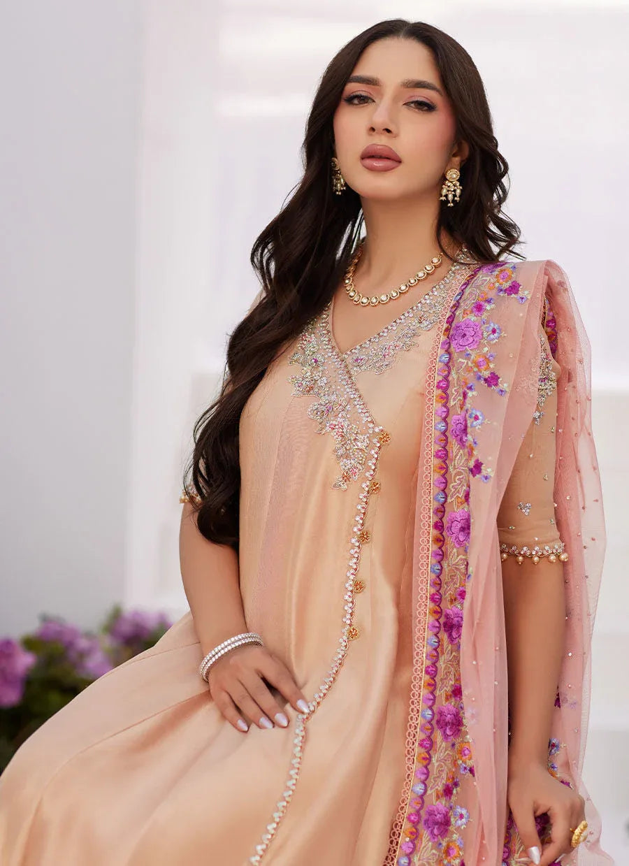 Farah Talib Aziz | Zaza Luxe Pret 24 | LISETTE FAWN EMBELLISHED RAW SILK ANGARKHA AND DUPATTA - Aqsa Fabrics