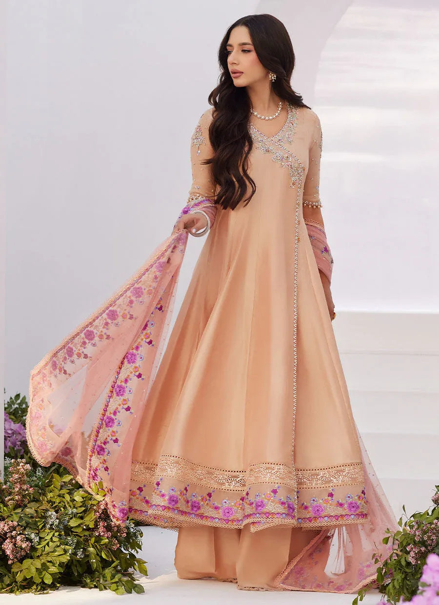 Farah Talib Aziz | Zaza Luxe Pret 24 | LISETTE FAWN EMBELLISHED RAW SILK ANGARKHA AND DUPATTA - Aqsa Fabrics