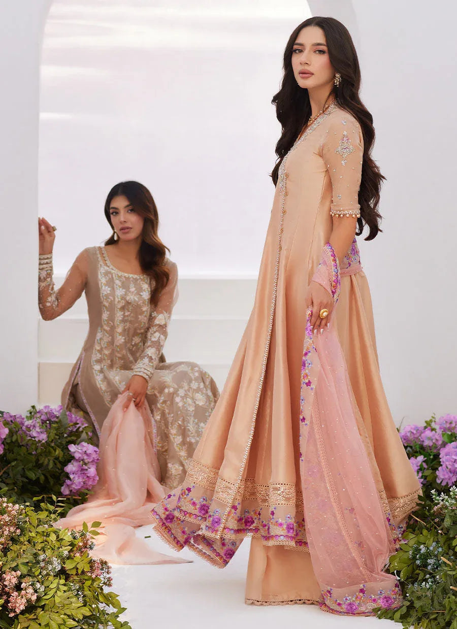 Farah Talib Aziz | Zaza Luxe Pret 24 | LISETTE FAWN EMBELLISHED RAW SILK ANGARKHA AND DUPATTA - Aqsa Fabrics