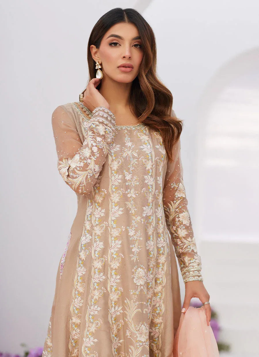 Farah Talib Aziz | Zaza Luxe Pret 24 | CHARLENE SAND EMBROIDERED KALIDAAR WITH DUPATTA - Aqsa Fabrics