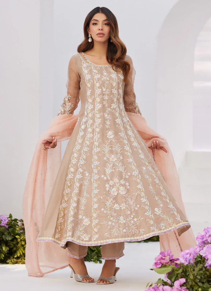 Farah Talib Aziz | Zaza Luxe Pret 24 | CHARLENE SAND EMBROIDERED KALIDAAR WITH DUPATTA - Aqsa Fabrics