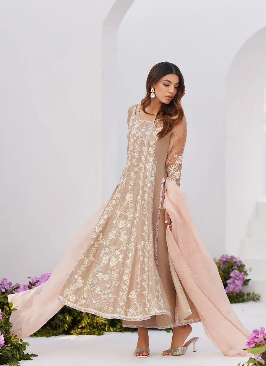 Farah Talib Aziz | Zaza Luxe Pret 24 | CHARLENE SAND EMBROIDERED KALIDAAR WITH DUPATTA - Aqsa Fabrics