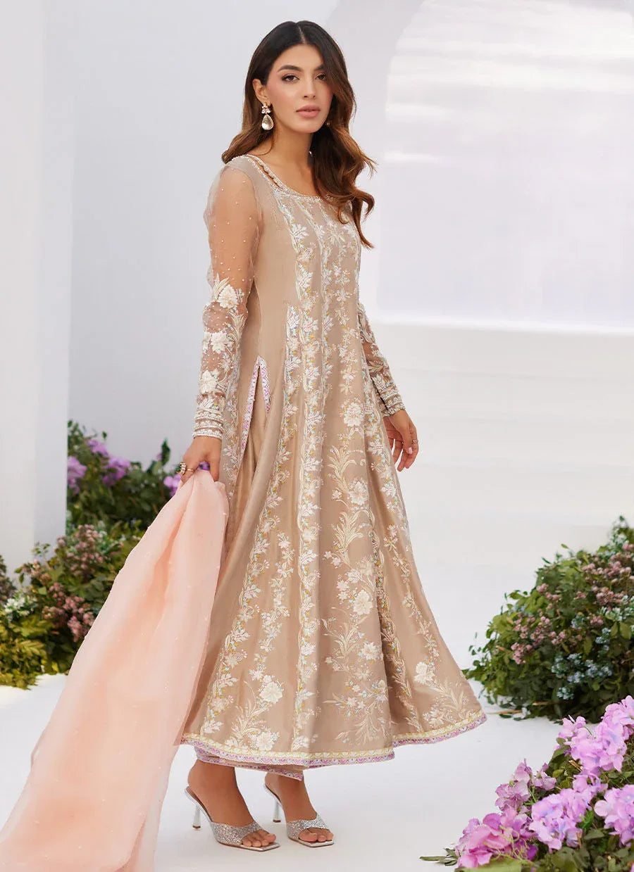 Farah Talib Aziz | Zaza Luxe Pret 24 | CHARLENE SAND EMBROIDERED KALIDAAR WITH DUPATTA - Aqsa Fabrics