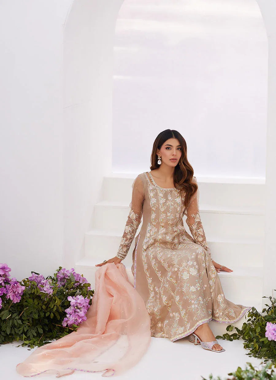 Farah Talib Aziz | Zaza Luxe Pret 24 | CHARLENE SAND EMBROIDERED KALIDAAR WITH DUPATTA - Aqsa Fabrics