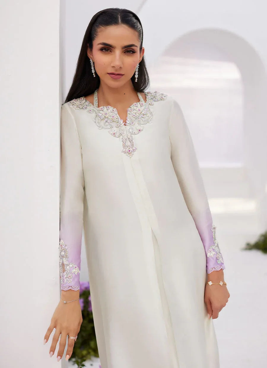 Farah Talib Aziz | Zaza Luxe Pret 24 | LIQUE SILVER OMBRE EMBELLISHED KAFTAAN CUT SHIRT - Aqsa Fabrics