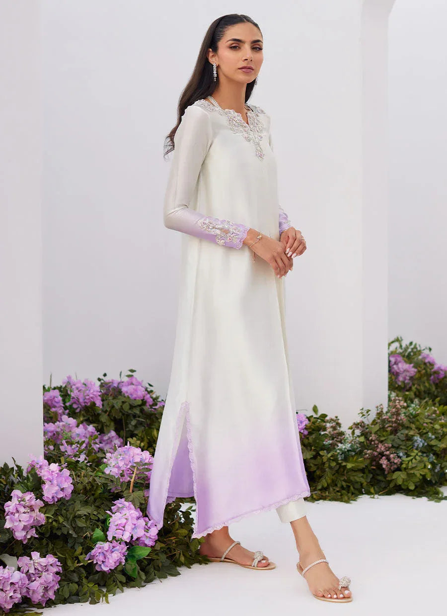 Farah Talib Aziz | Zaza Luxe Pret 24 | LIQUE SILVER OMBRE EMBELLISHED KAFTAAN CUT SHIRT - Aqsa Fabrics