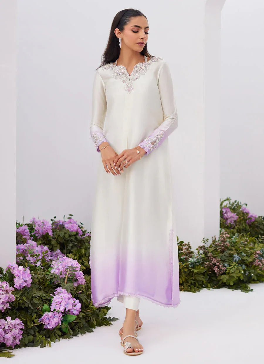 Farah Talib Aziz | Zaza Luxe Pret 24 | LIQUE SILVER OMBRE EMBELLISHED KAFTAAN CUT SHIRT - Aqsa Fabrics